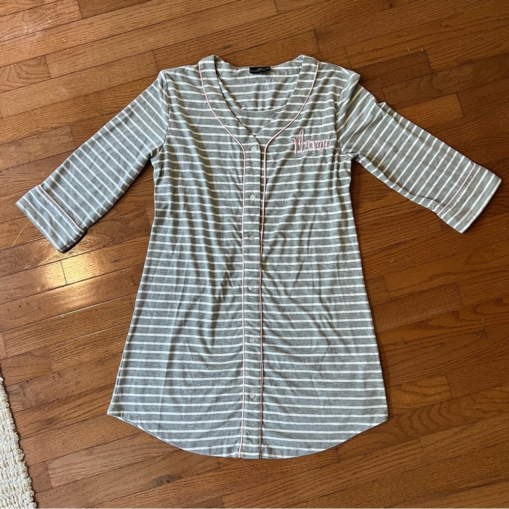 "MAMA" NURSING PAJAMAS- STRIPED HENLEY SLEEP SHIRT